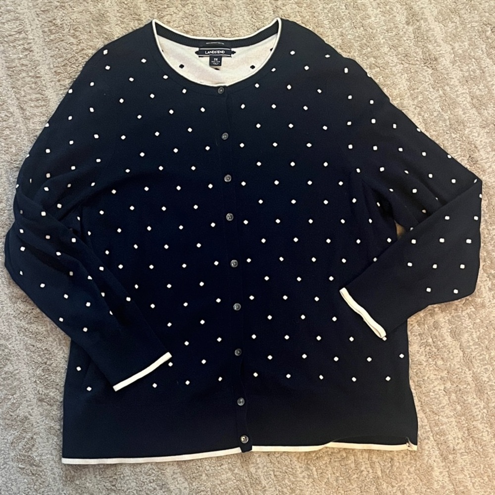Lands' End 100% Cotton Navy Crewneck Cardigan Sweater with White Polka Dots 2x